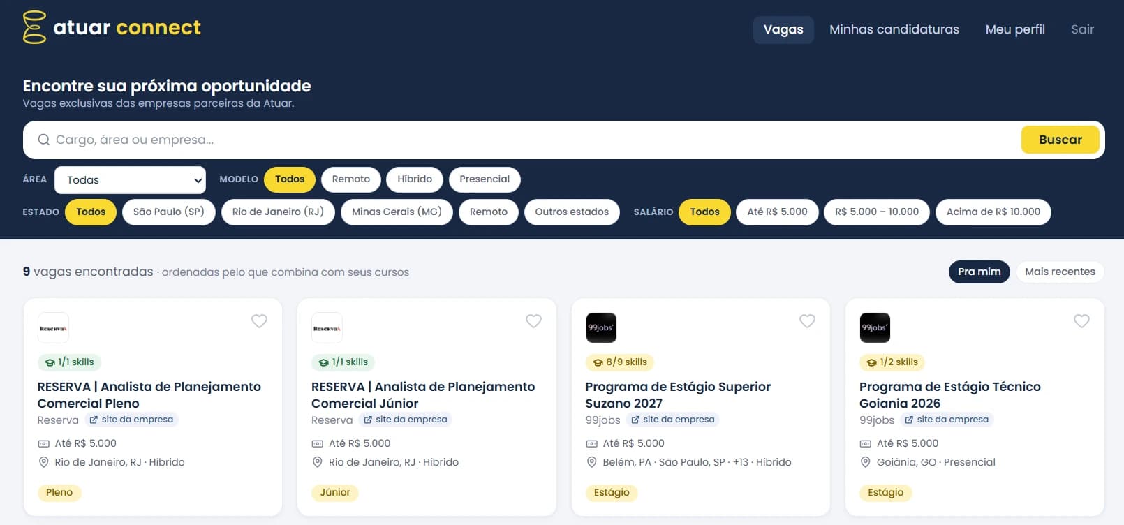 Tela de vagas do Atuar Connect