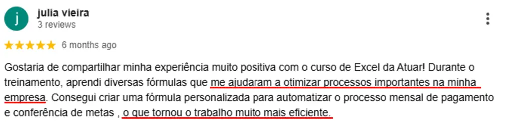 Avaliação 5 estrelas: otimizou processos importantes na empresa com Excel